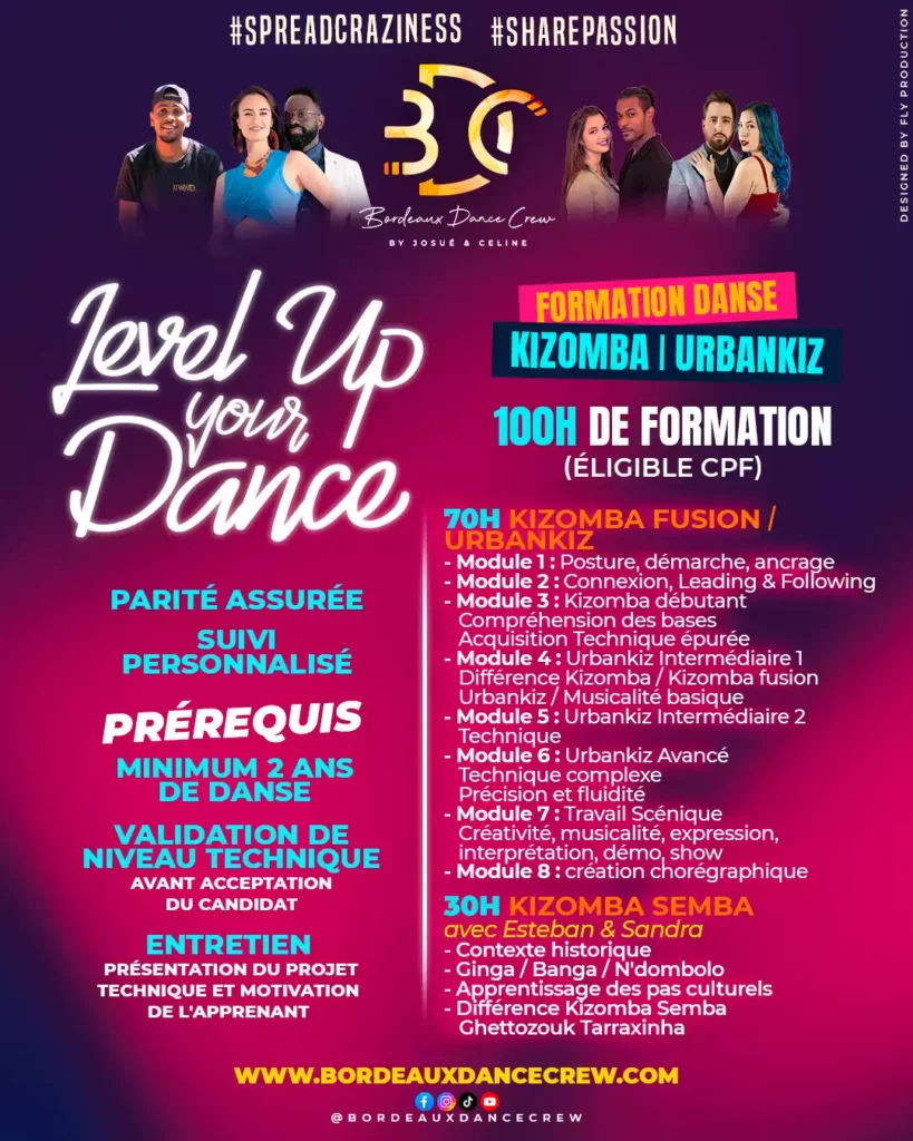 Bordeaux Dance Crew, École de Danse Kizomba Urbankiz Afro Salsa Reggaeton Bachata Tarraxo Heels Dancehall Ladies Expression Hip-hop Konpa - Photo Formation Level Up Your Dance saison 2025