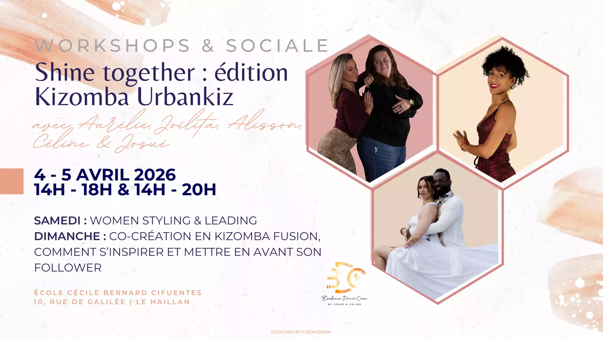 Bordeaux Dance Crew, École de Danse Kizomba Urbankiz Afro Salsa Reggaeton Bachata Tarraxo Heels Dancehall Ladies Expression Hip-hop Konpa - Photo Visuel Shine together 4-5 avril 2026