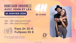 Bordeaux Dance Crew, École de Danse Kizomba Urbankiz Afro Salsa Reggaeton Bachata Tarraxo Heels Dancehall Ladies Expression Hip-hop Konpa - Photo Visuel Workshop John et Léa Janvier 2026