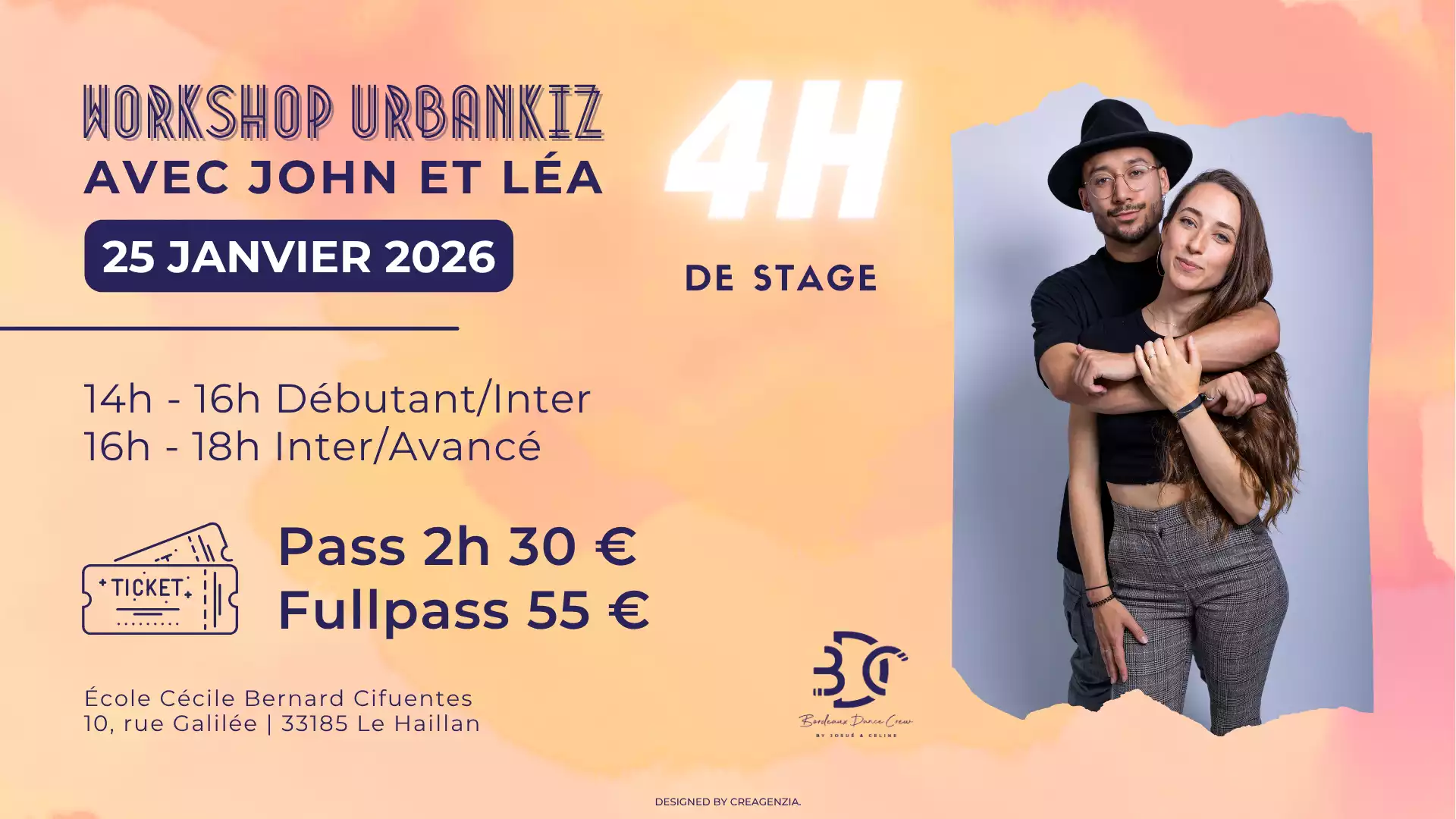 Bordeaux Dance Crew, École de Danse Kizomba Urbankiz Afro Salsa Reggaeton Bachata Tarraxo Heels Dancehall Ladies Expression Hip-hop Konpa - Photo Visuel Workshop John et Léa Janvier 2026