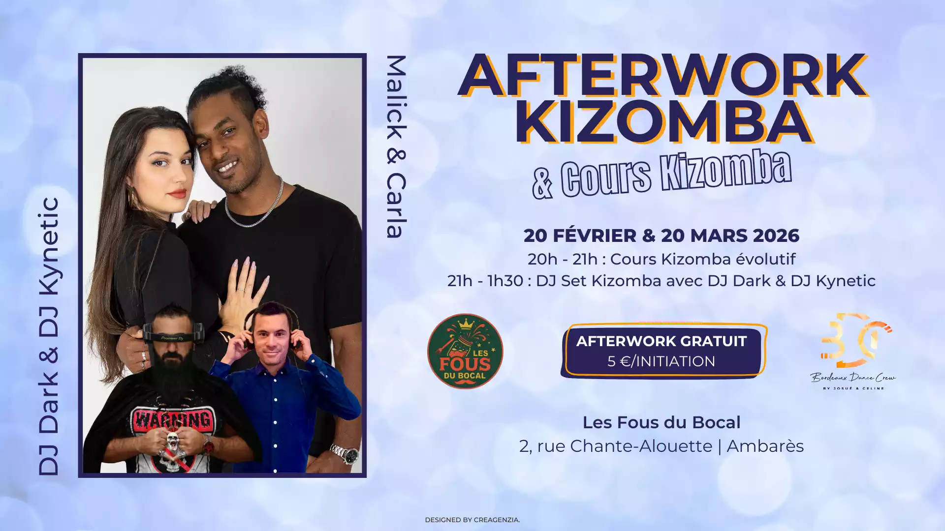 Bordeaux Dance Crew, École de Danse Kizomba Urbankiz Afro Salsa Reggaeton Bachata Tarraxo Heels Dancehall Ladies Expression Hip-hop Konpa - Photo Visuel Afterwork Kizomba février mars 2026