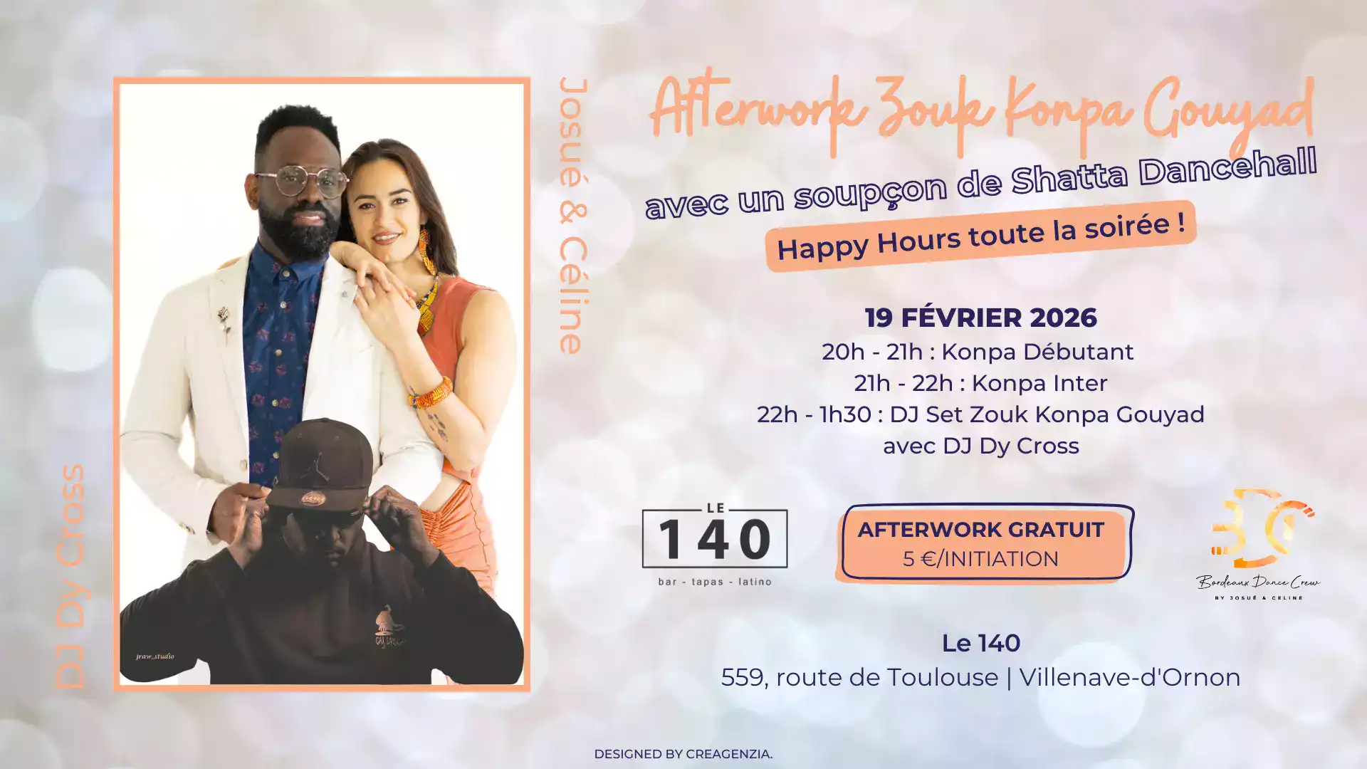 Bordeaux Dance Crew, École de Danse Kizomba Urbankiz Afro Salsa Reggaeton Bachata Tarraxo Heels Dancehall Ladies Expression Hip-hop Konpa - Photo Visuel Afterwork Konpa 19 février