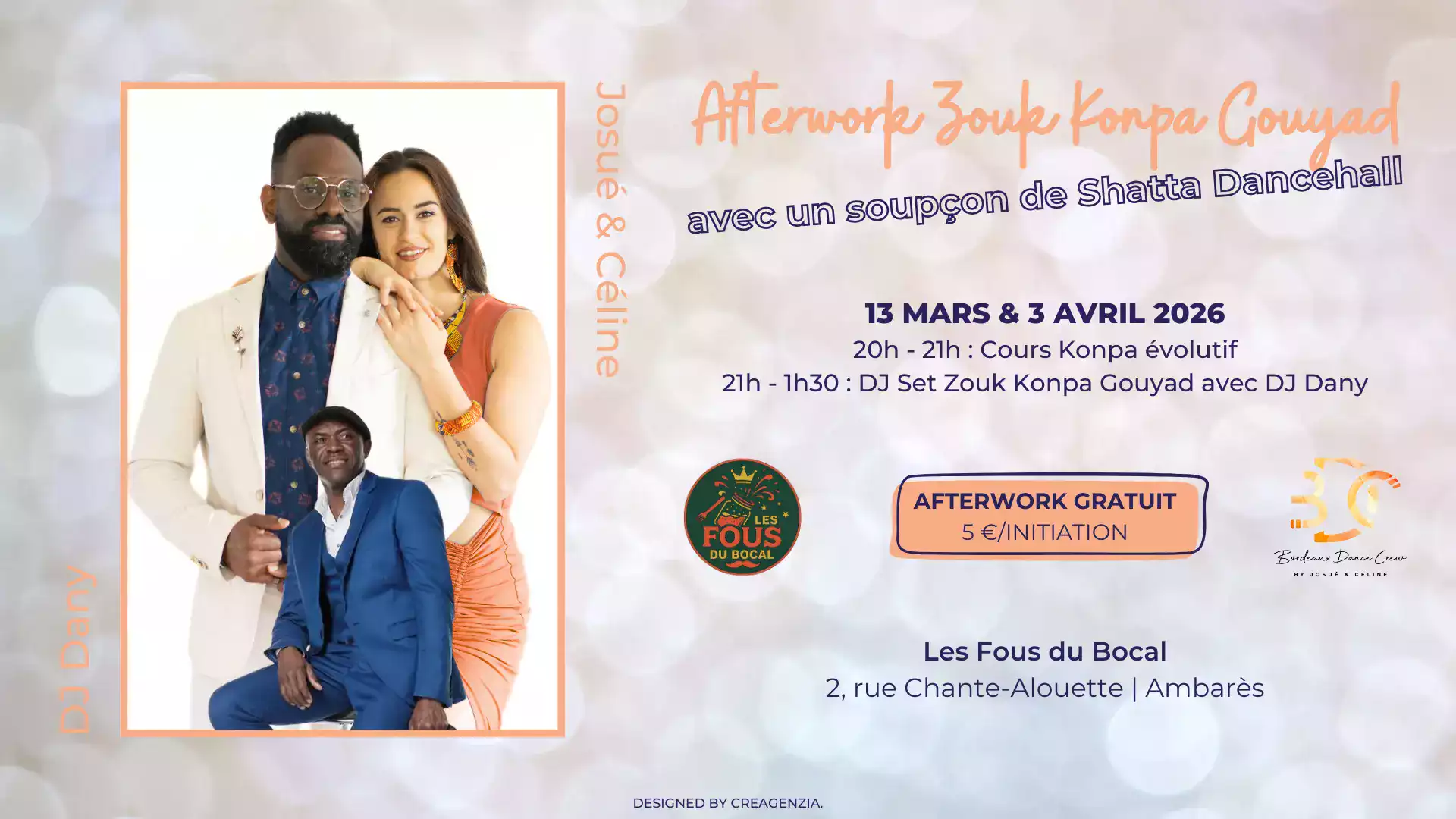 Bordeaux Dance Crew, École de Danse Kizomba Urbankiz Afro Salsa Reggaeton Bachata Tarraxo Heels Dancehall Ladies Expression Hip-hop Konpa - Photo Visuel Afterwork Konpa mars avril