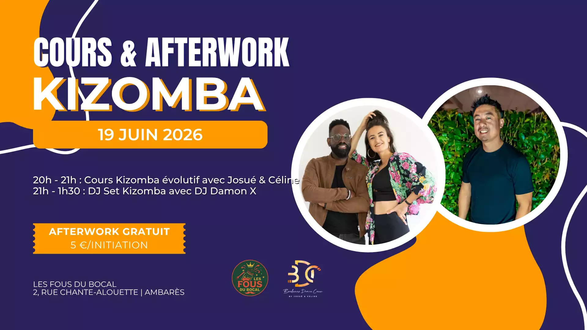 Bordeaux Dance Crew, École de Danse Kizomba Urbankiz Afro Salsa Reggaeton Bachata Tarraxo Heels Dancehall Ladies Expression Hip-hop Konpa - Photo Visuel Cours Afterwork Kiz FDB 19 juin 2026