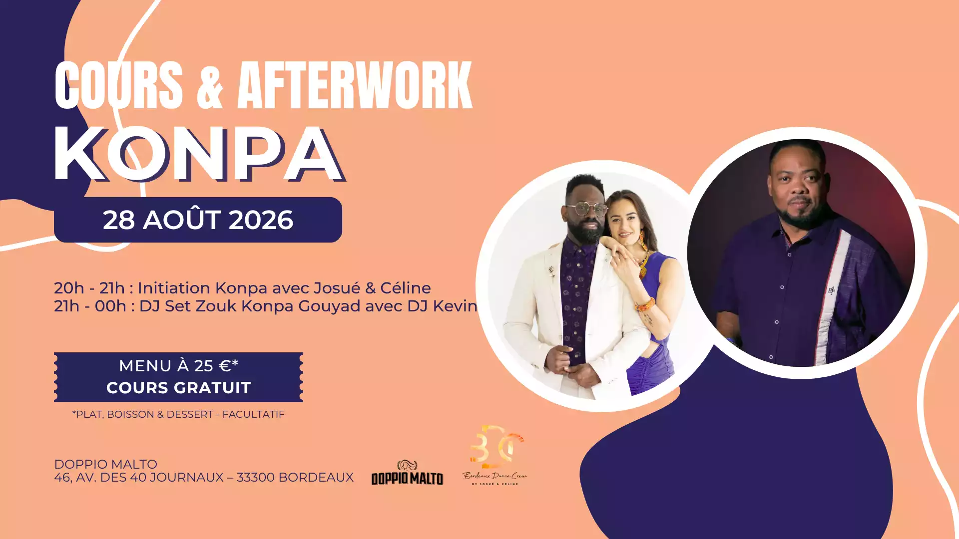 Bordeaux Dance Crew, École de Danse Kizomba Urbankiz Afro Salsa Reggaeton Bachata Tarraxo Heels Dancehall Ladies Expression Hip-hop Konpa - Photo Visuel Cours Afterwork Konpa Doppio 28 aout 2026