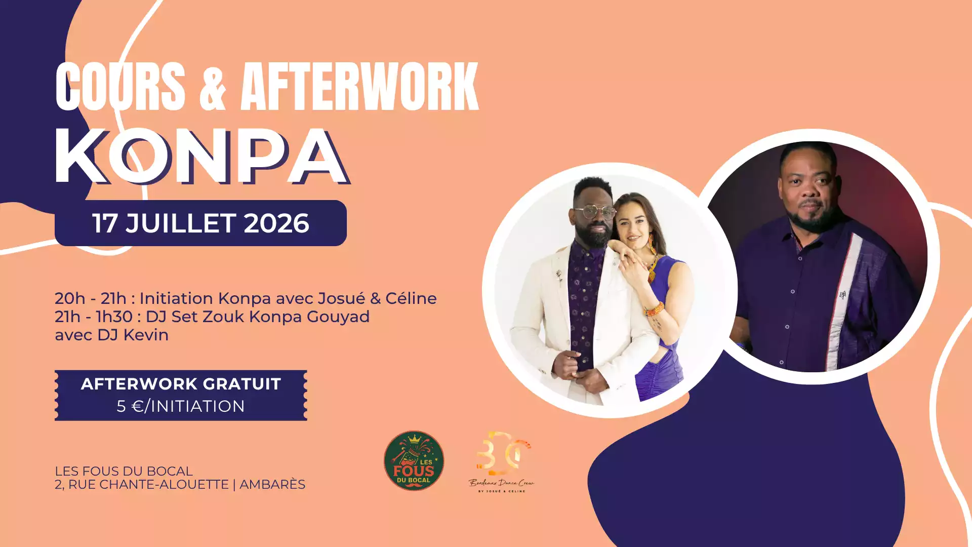 Bordeaux Dance Crew, École de Danse Kizomba Urbankiz Afro Salsa Reggaeton Bachata Tarraxo Heels Dancehall Ladies Expression Hip-hop Konpa - Photo flyer Cours Afterwork Konpa FDB 17 juillet 2026