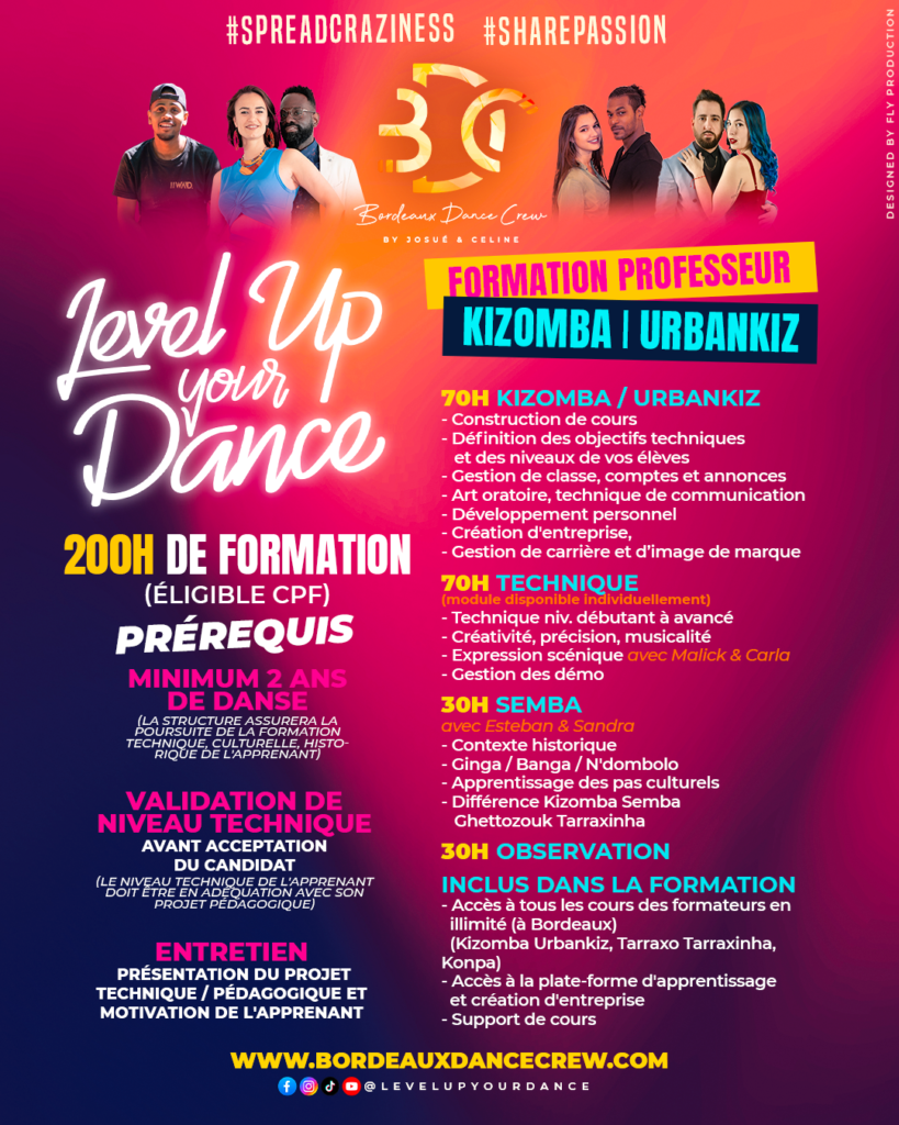 Bordeaux Dance Crew, École de Danse Kizomba Urbankiz Afro Salsa Reggaeton Bachata Tarraxo Heels Dancehall Ladies Expression Hip-hop Konpa - Photo flyer Level Up Your Dance Formation saison 2026