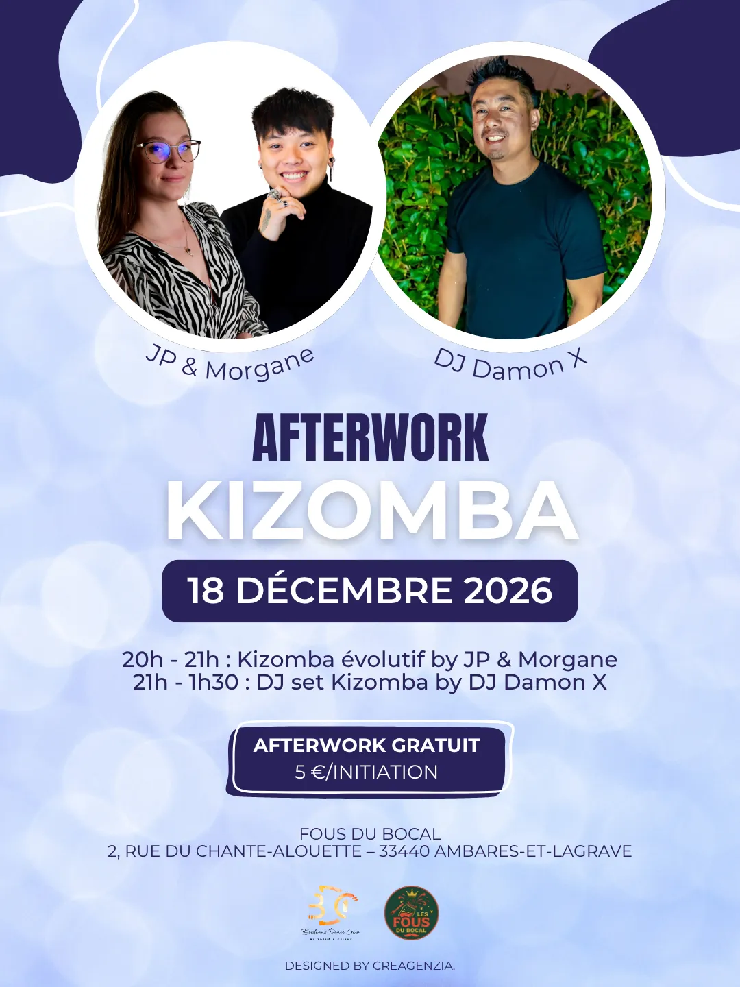 Bordeaux Dance Crew, École de Danse Kizomba Semba Urbankiz Afro Reggaeton Bachata Tarraxo Heels Dancehall Free mouvement Konpa - Photo Visuel Afterwork Kiz JP & Morgane 18 décembre 2026