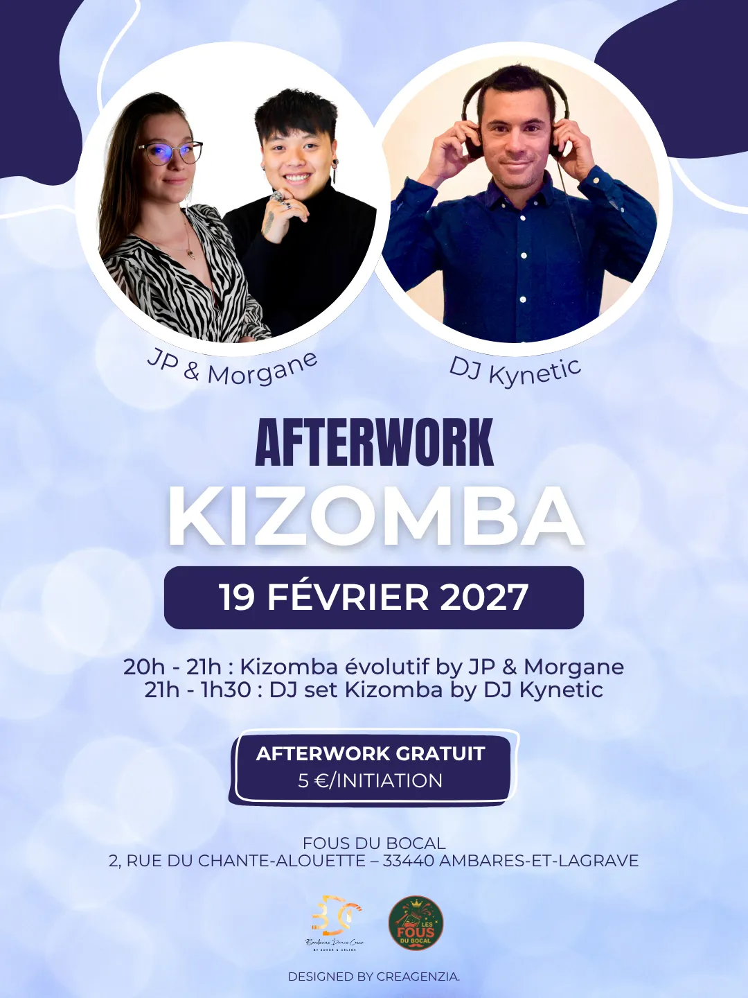 Bordeaux Dance Crew, École de Danse Kizomba Semba Urbankiz Afro Reggaeton Bachata Tarraxo Heels Dancehall Free mouvement Konpa - Photo Visuel Afterwork Kiz JP & Morgane 19 février 2027