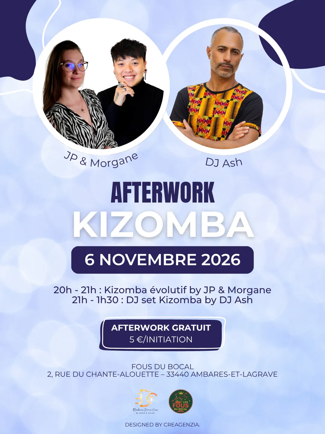 Bordeaux Dance Crew, École de Danse Kizomba Semba Urbankiz Afro Reggaeton Bachata Tarraxo Heels Dancehall Free mouvement Konpa - Photo Visuel Afterwork Kiz JP & Morgane 6 novembre 2026