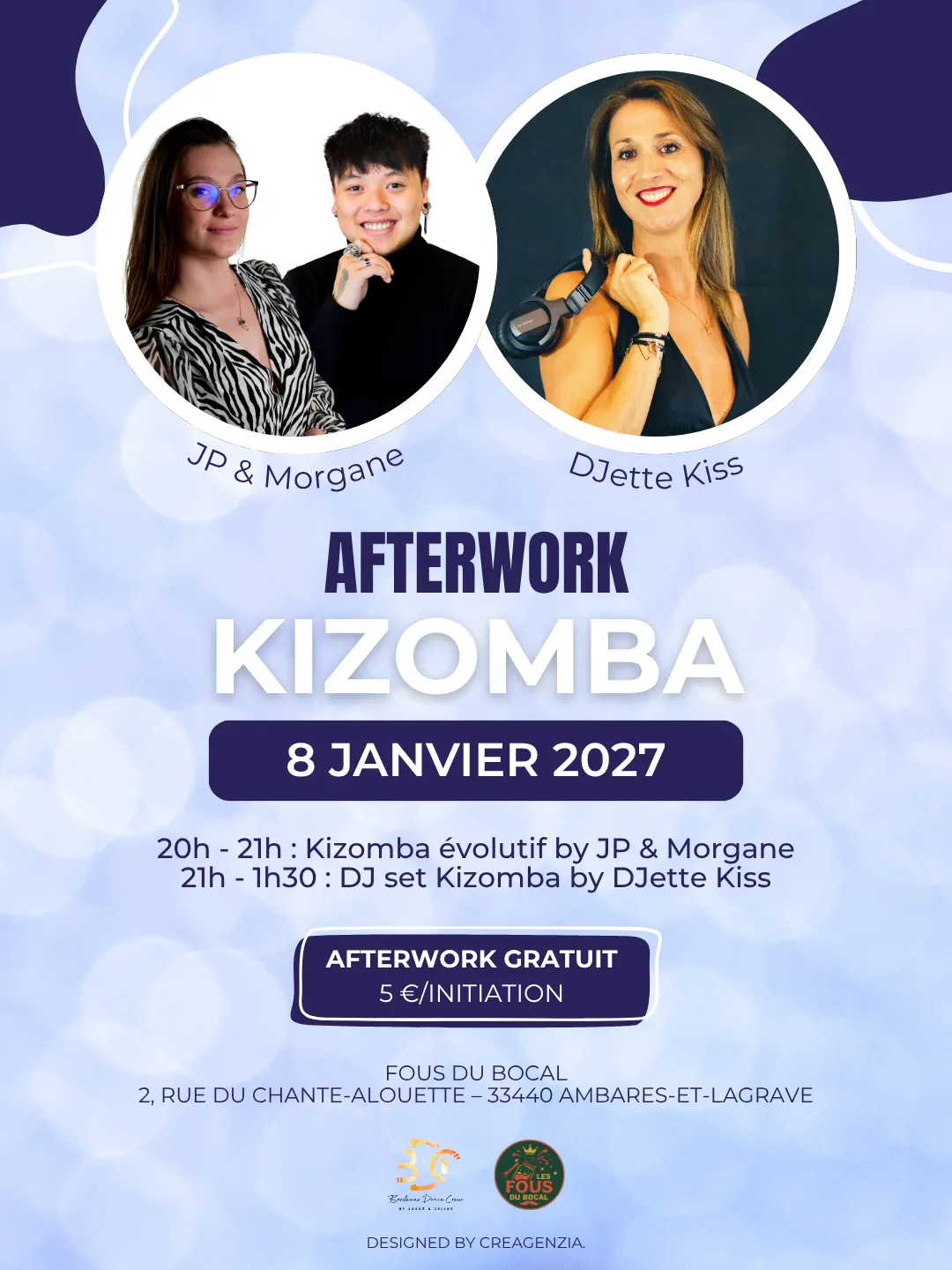 Bordeaux Dance Crew, École de Danse Kizomba Semba Urbankiz Afro Reggaeton Bachata Tarraxo Heels Dancehall Free mouvement Konpa - Photo Visuel Afterwork Kiz JP & Morgane 8 janvier 2027