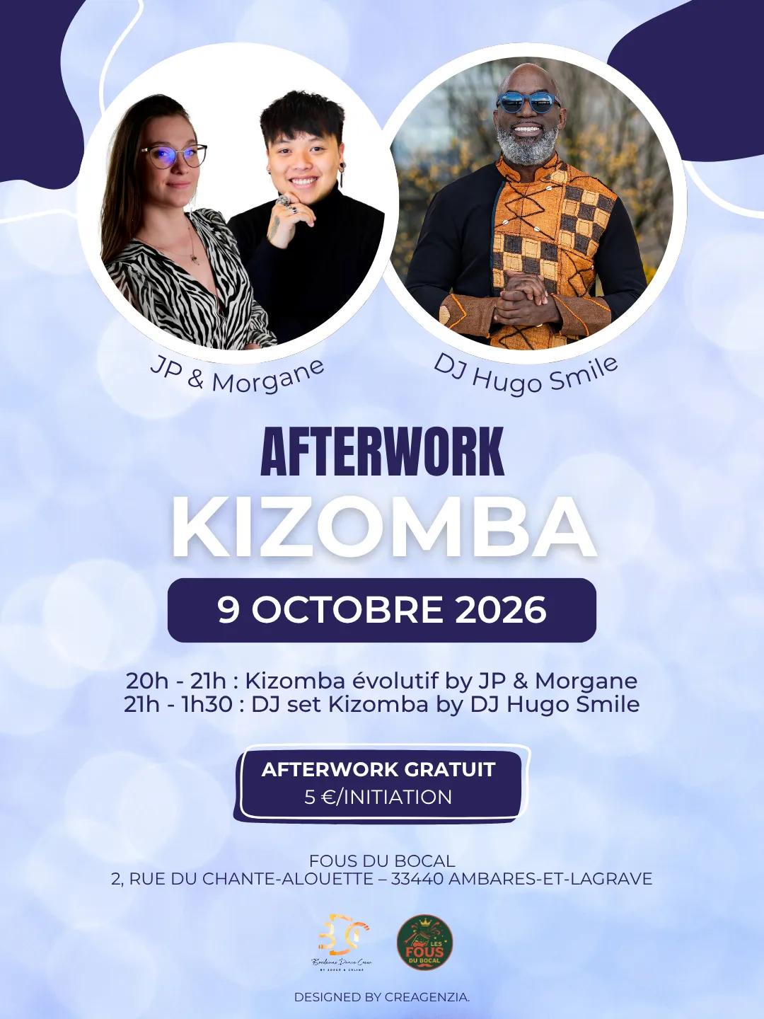 Bordeaux Dance Crew, École de Danse Kizomba Semba Urbankiz Afro Reggaeton Bachata Tarraxo Heels Dancehall Free mouvement Konpa - Photo Visuel Afterwork Kiz JP & Morgane 9 octobre 2026