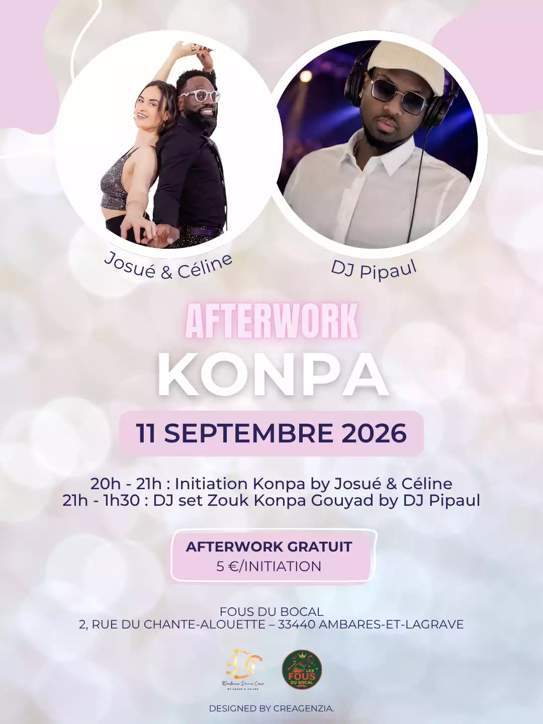 Bordeaux Dance Crew, École de Danse Kizomba Semba Urbankiz Afro Reggaeton Bachata Tarraxo Heels Dancehall Free mouvement Konpa - Photo Visuel Afterwork Konpa 11 septembre 2026