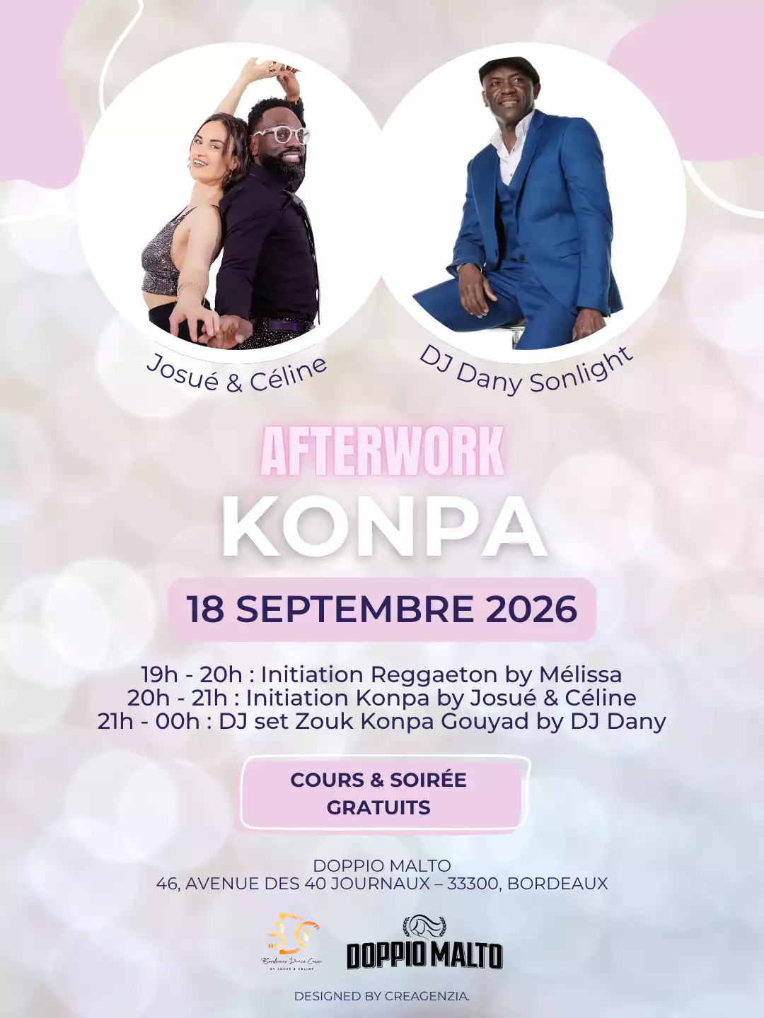 Bordeaux Dance Crew, École de Danse Kizomba Semba Urbankiz Afro Reggaeton Bachata Tarraxo Heels Dancehall Free mouvement Konpa - Photo Visuel Afterwork Konpa 18 septembre 2026