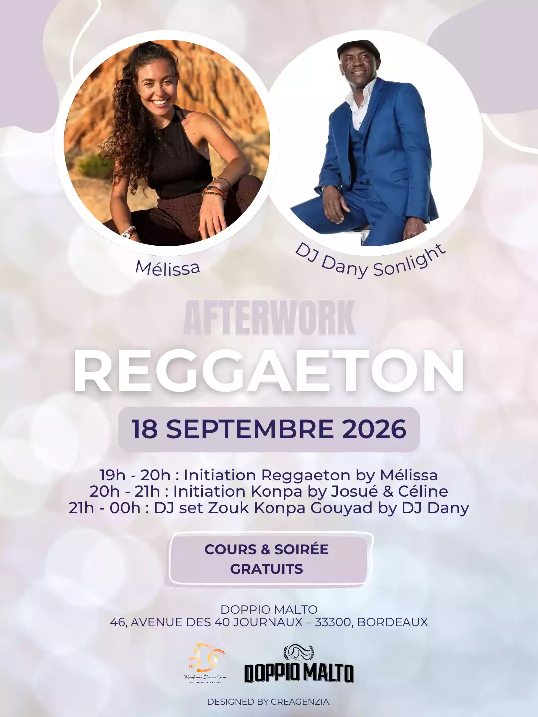 Bordeaux Dance Crew, École de Danse Kizomba Semba Urbankiz Afro Reggaeton Bachata Tarraxo Heels Dancehall Free mouvement Konpa - Photo Visuel Afterwork Reggaeton 18 septembre 2026