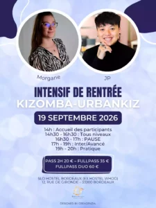 Bordeaux Dance Crew, École de Danse Kizomba Semba Urbankiz Afro Reggaeton Bachata Tarraxo Heels Dancehall Free mouvement Konpa - Photo Visuel Workshop Kiz JP & Morgane 19 septembre 2026