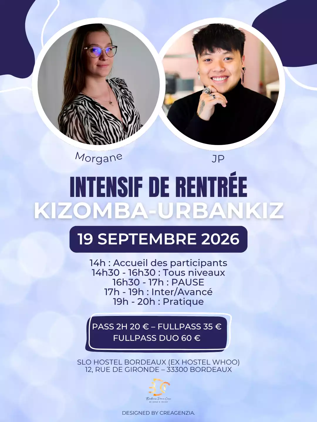 Bordeaux Dance Crew, École de Danse Kizomba Semba Urbankiz Afro Reggaeton Bachata Tarraxo Heels Dancehall Free mouvement Konpa - Photo Visuel Workshop Kiz JP & Morgane 19 septembre 2026