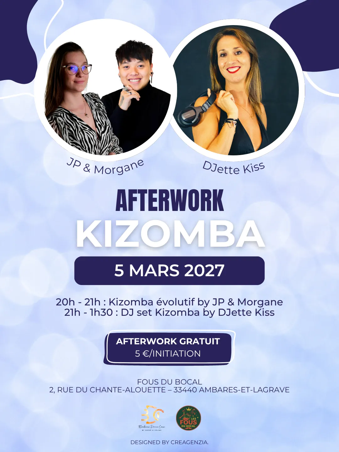 Bordeaux Dance Crew, École de Danse Kizomba Semba Urbankiz Afro Reggaeton Bachata Tarraxo Heels Dancehall Free mouvement Konpa - Photo Visuel Afterwork Kiz JP & Morgane 5 mars 2027