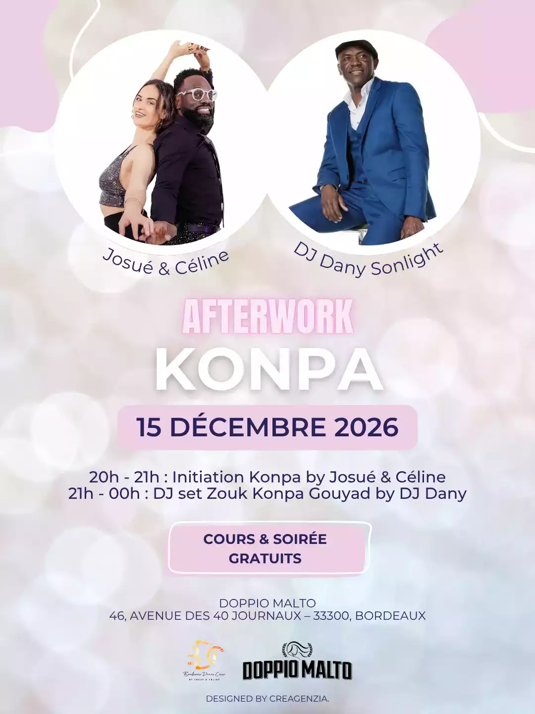 Bordeaux Dance Crew, École de Danse Kizomba Semba Urbankiz Afro Reggaeton Bachata Tarraxo Heels Dancehall Free mouvement Konpa - Photo Visuel Afterwork Konpa 15 décembre 2026