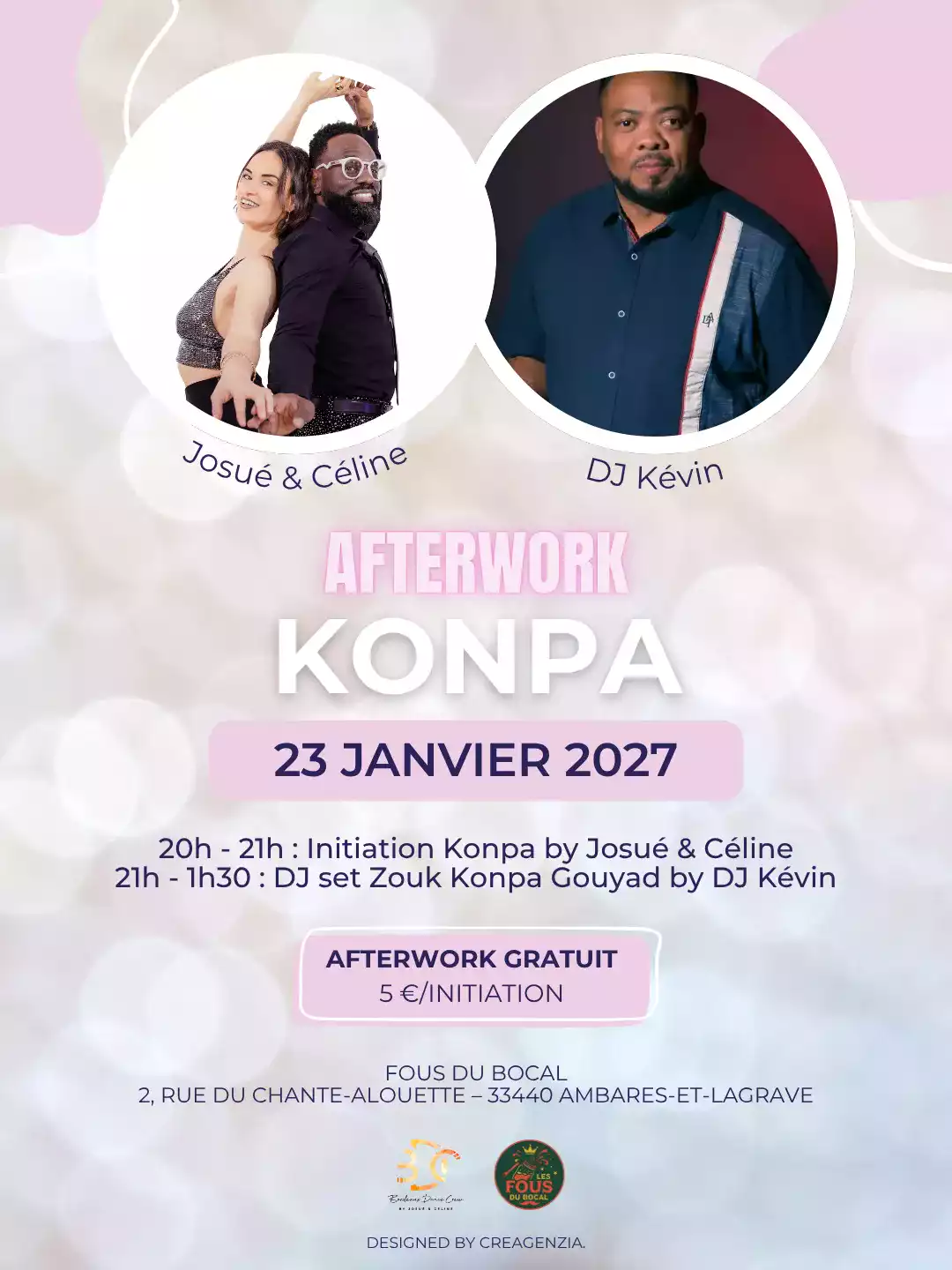 Bordeaux Dance Crew, École de Danse Kizomba Semba Urbankiz Afro Reggaeton Bachata Tarraxo Heels Dancehall Free mouvement Konpa - Photo Visuel Afterwork Konpa 23 janvier 2027