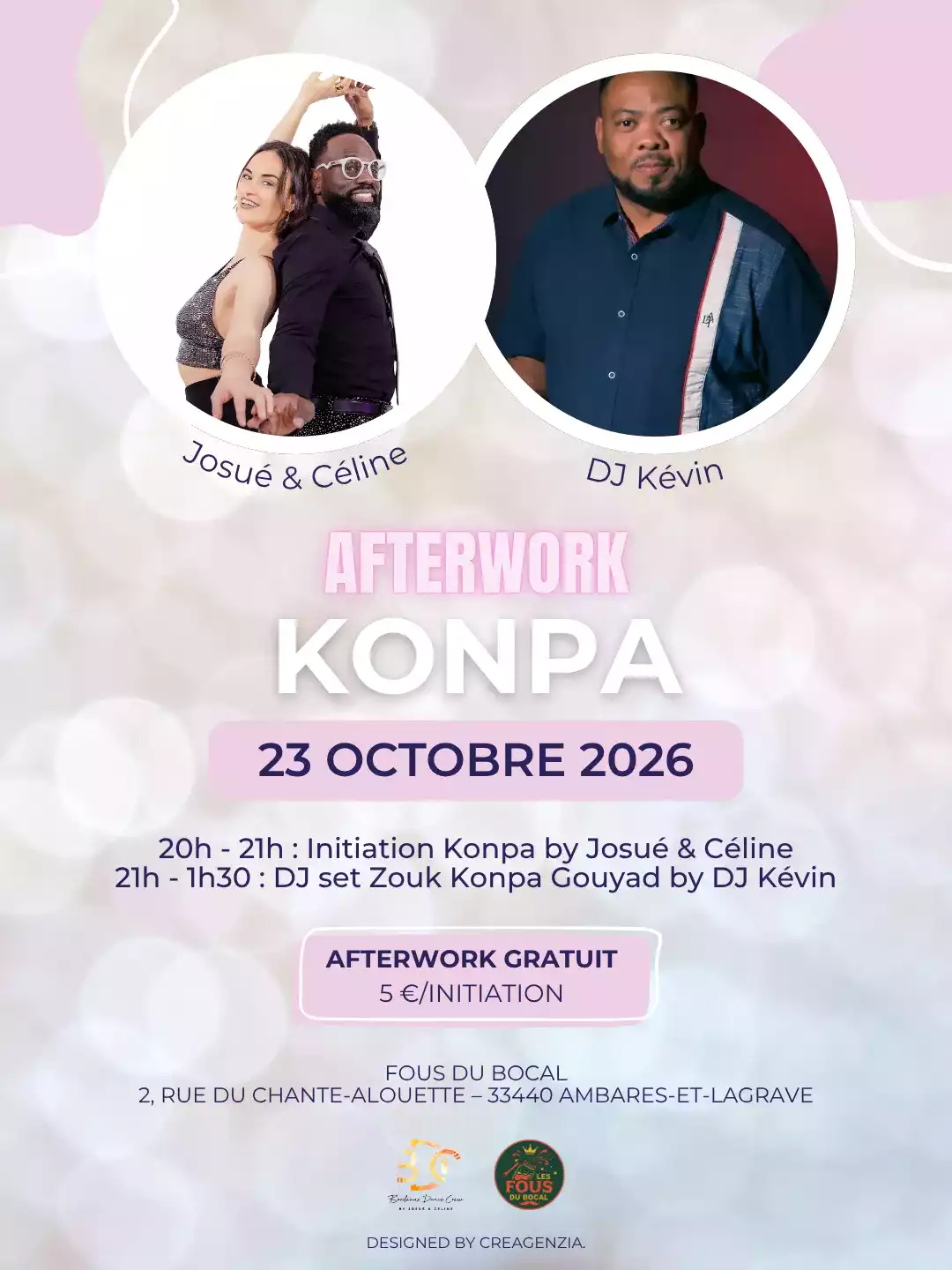 Bordeaux Dance Crew, École de Danse Kizomba Semba Urbankiz Afro Reggaeton Bachata Tarraxo Heels Dancehall Free mouvement Konpa - Photo Visuel Afterwork Konpa 23 octobre 2026