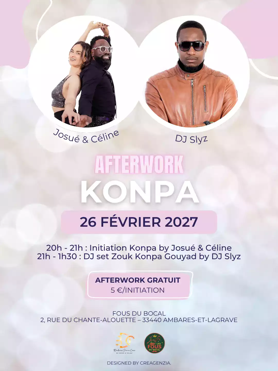 Bordeaux Dance Crew, École de Danse Kizomba Semba Urbankiz Afro Reggaeton Bachata Tarraxo Heels Dancehall Free mouvement Konpa - Photo Visuel Afterwork Konpa JC 26 février 2027
